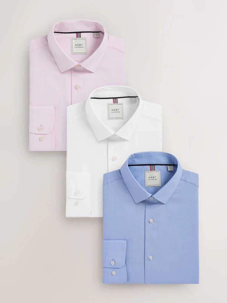 White/Blue Slim Fit Easy Care Textured Single Cuff Smart Shirts 3 Pack