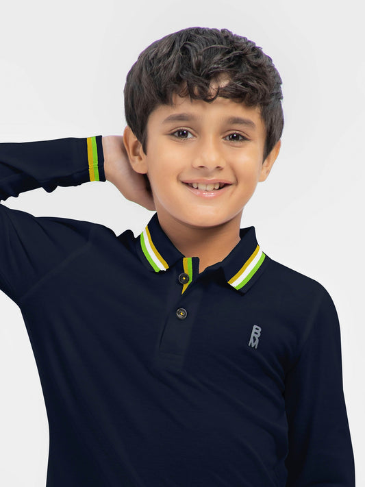 Navy Blue Contrasting Tipped Long Sleeve Pique Polo Brumano Pakistan