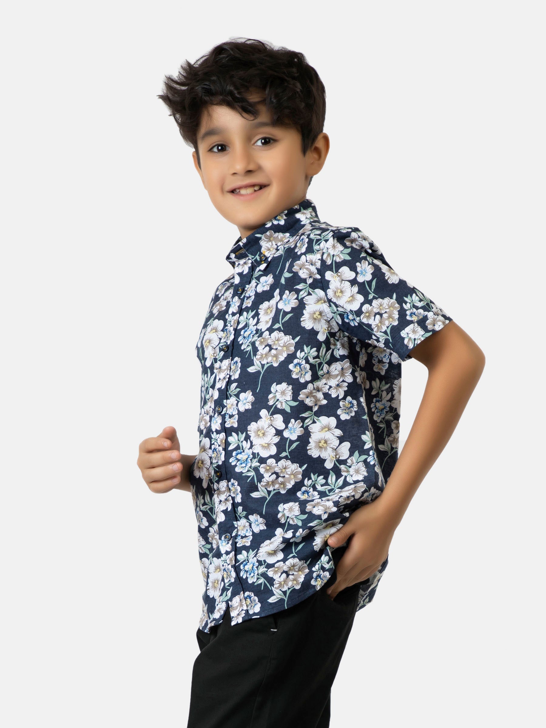 Navy Blue Floral Printed Half Sleeve Shirt Brumano Pakistan