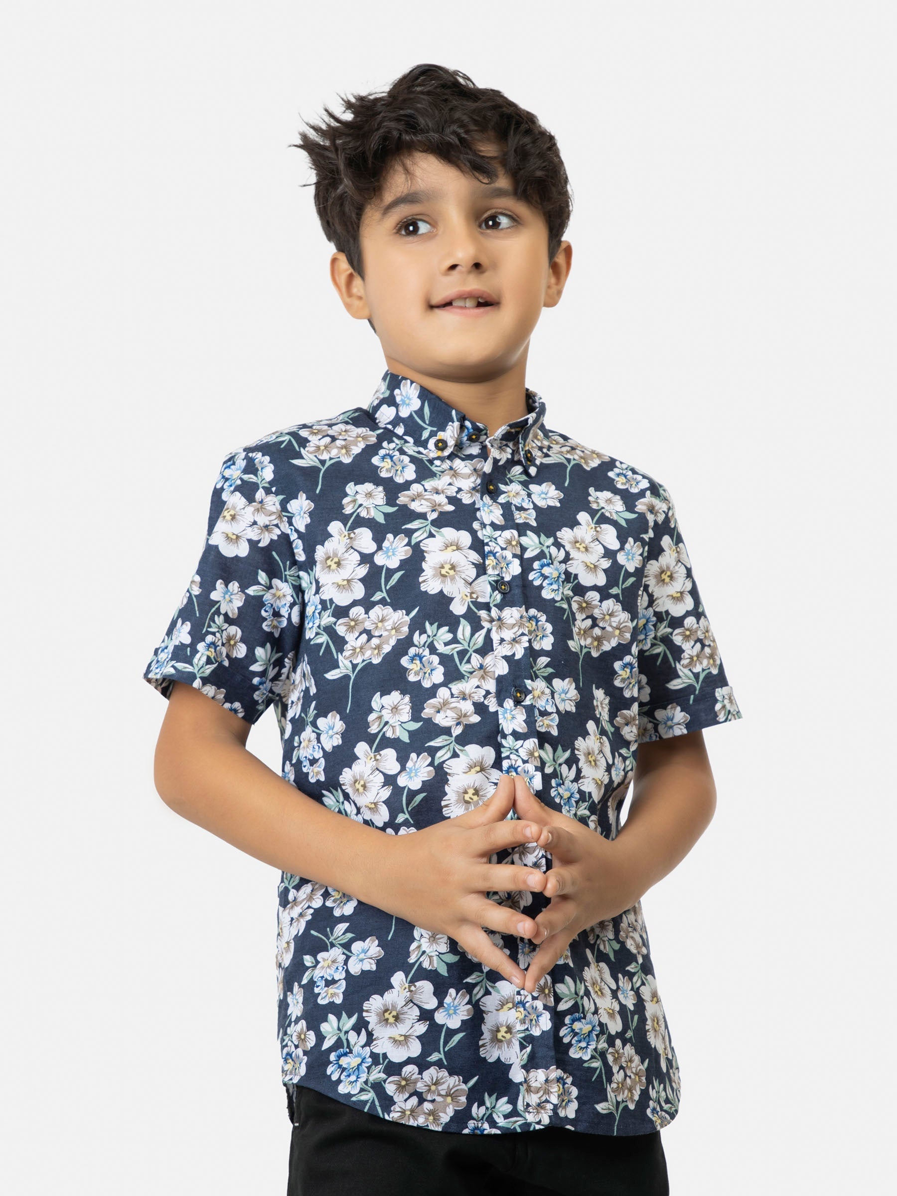 Navy Blue Floral Printed Half Sleeve Shirt Brumano Pakistan