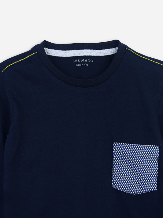 Navy Blue Long Sleeve Casual T-Shirt With Printed Pocket Brumano Pakistan