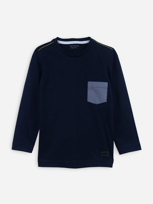 Navy Blue Long Sleeve Casual T-Shirt With Printed Pocket Brumano Pakistan