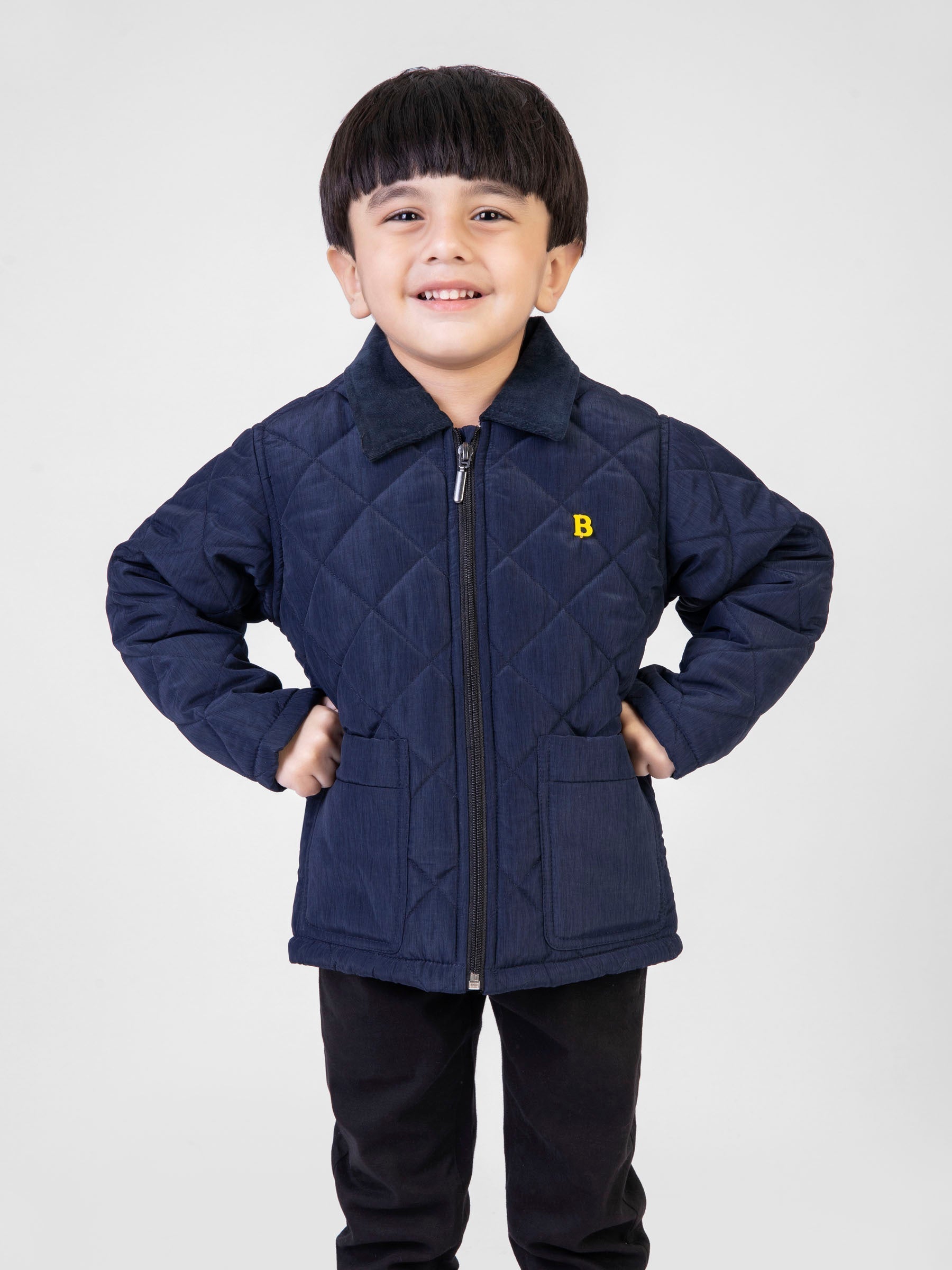 Navy Blue Padded Jacket With Corduroy Collar Brumano Pakistan