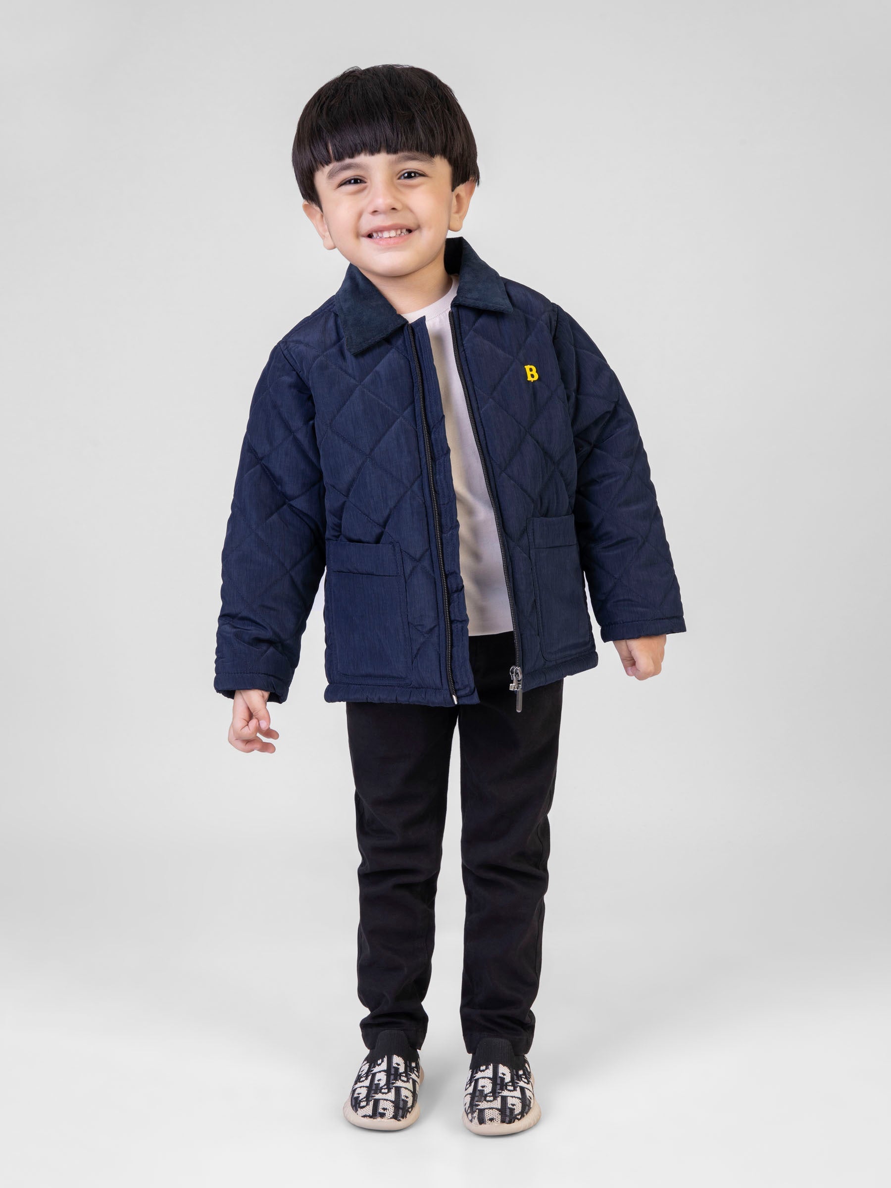 Navy Blue Padded Jacket With Corduroy Collar Brumano Pakistan