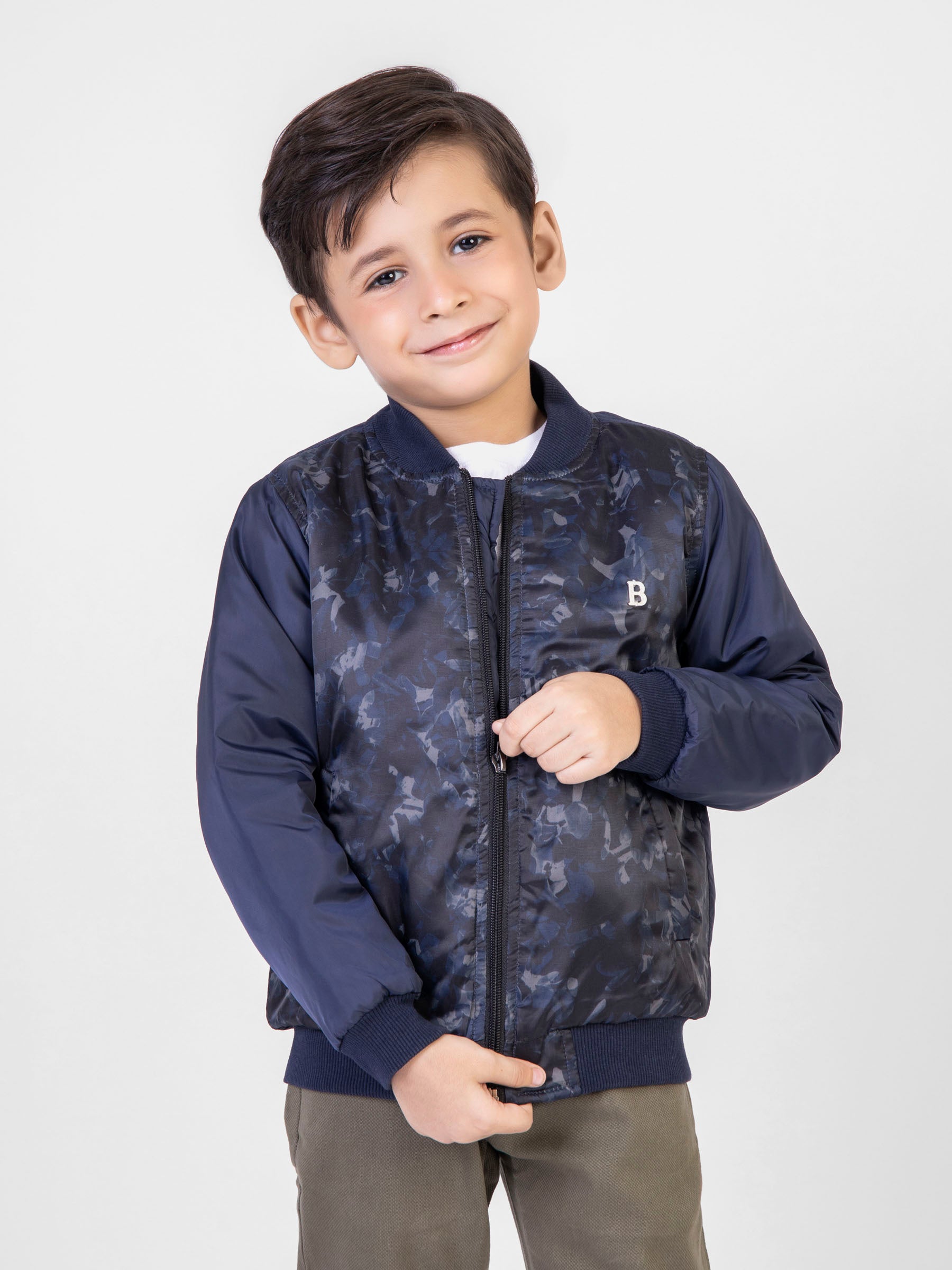 Navy Blue Printed Quilted Bomber Jacket Brumano Pakistan