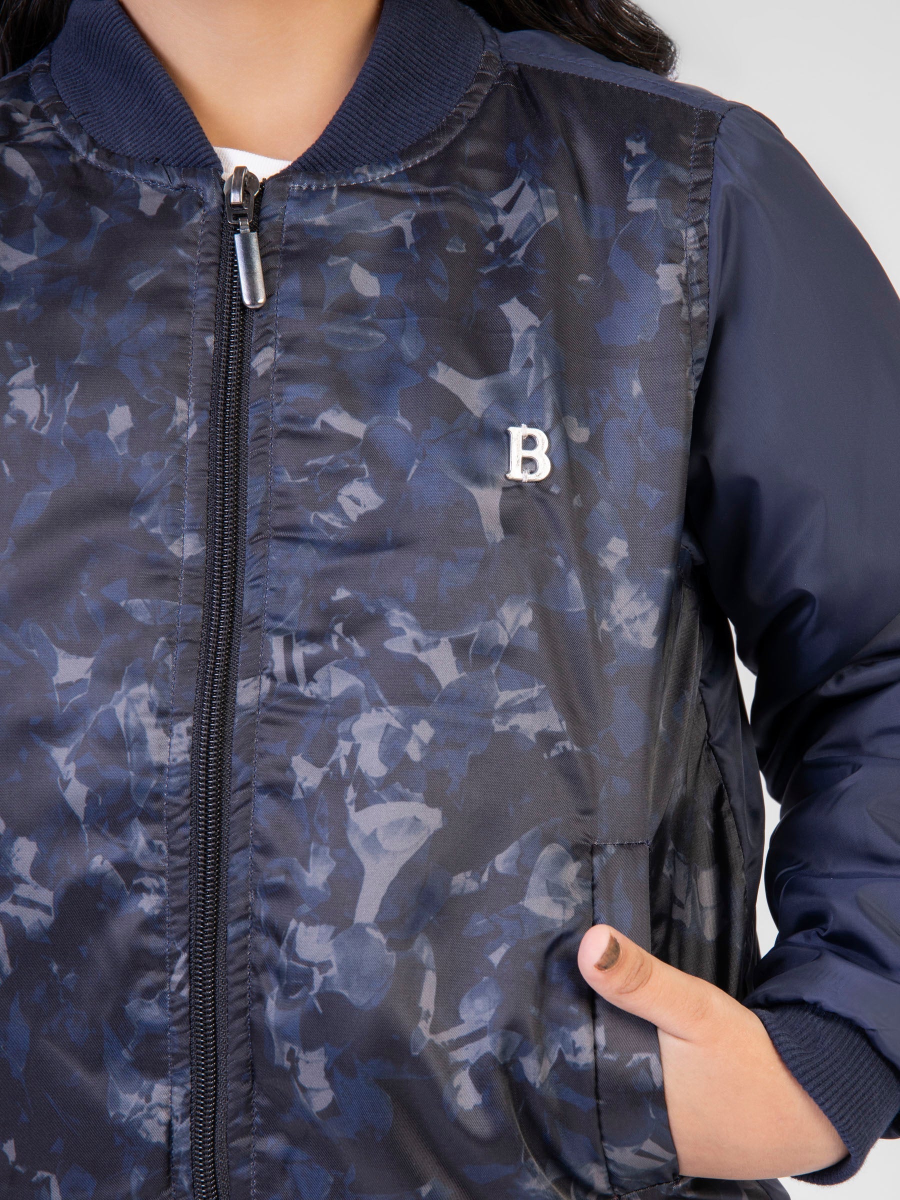 Navy Blue Printed Quilted Bomber Jacket Brumano Pakistan