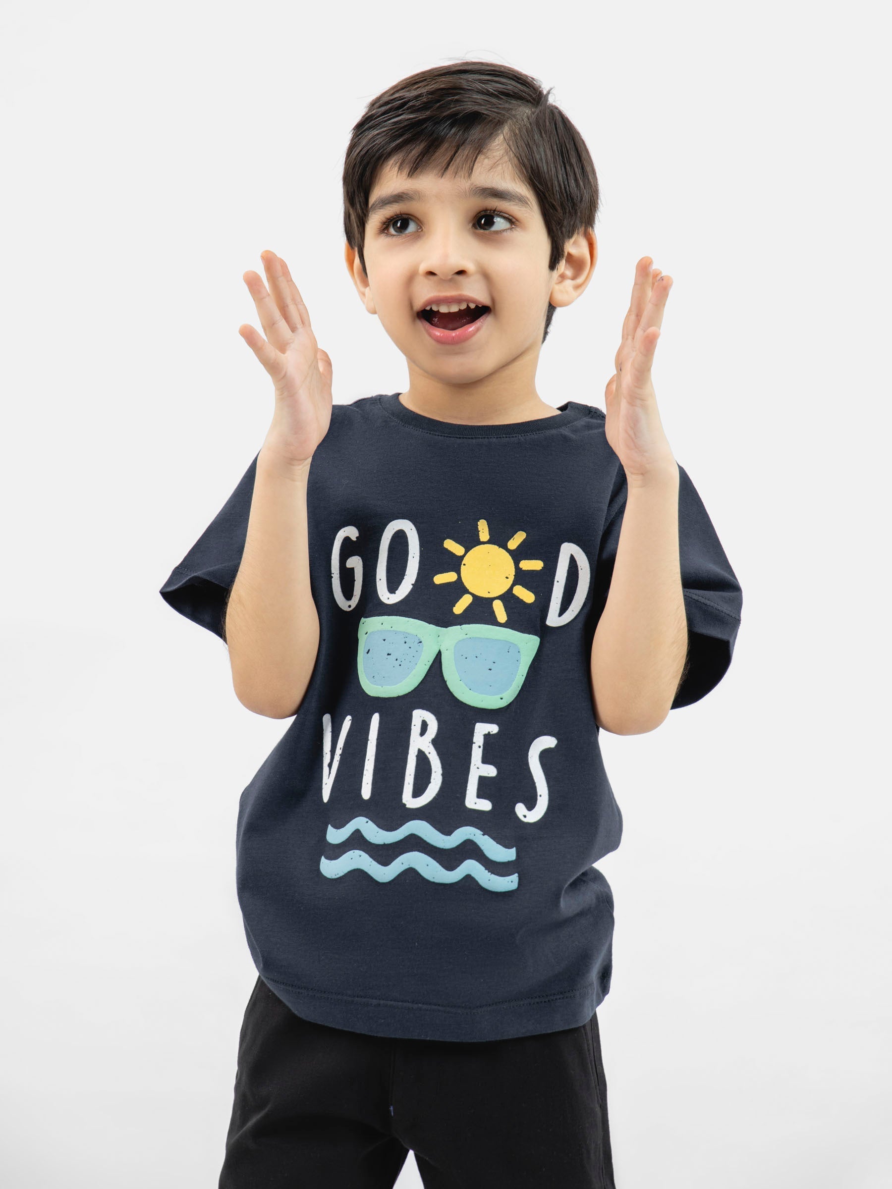 Navy Blue 'Good Vibes' Printed Casual T-Shirt Brumano Pakistan