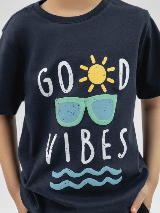 Navy Blue 'Good Vibes' Printed Casual T-Shirt Brumano Pakistan