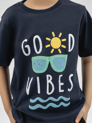 Navy Blue 'Good Vibes' Printed Casual T-Shirt Brumano Pakistan