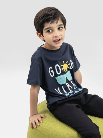 Navy Blue 'Good Vibes' Printed Casual T-Shirt Brumano Pakistan