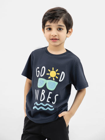 Navy Blue 'Good Vibes' Printed Casual T-Shirt Brumano Pakistan