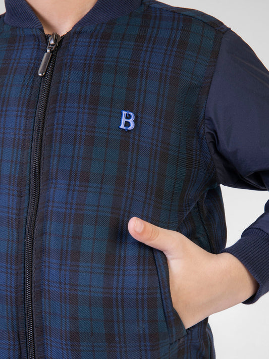 Navy Blue & Green Checkered Quilted Bomber Jacket Brumano Pakistan