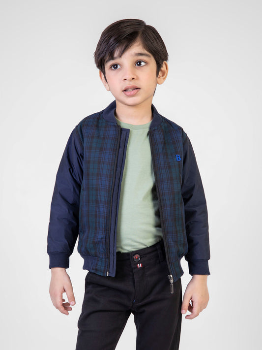 Navy Blue & Green Checkered Quilted Bomber Jacket Brumano Pakistan