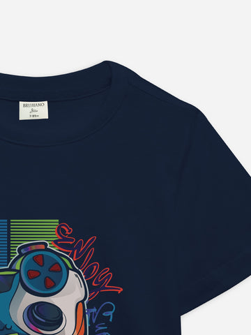 Navy Blue 'Joystick' Printed Casual T-Shirt Brumano Pakistan