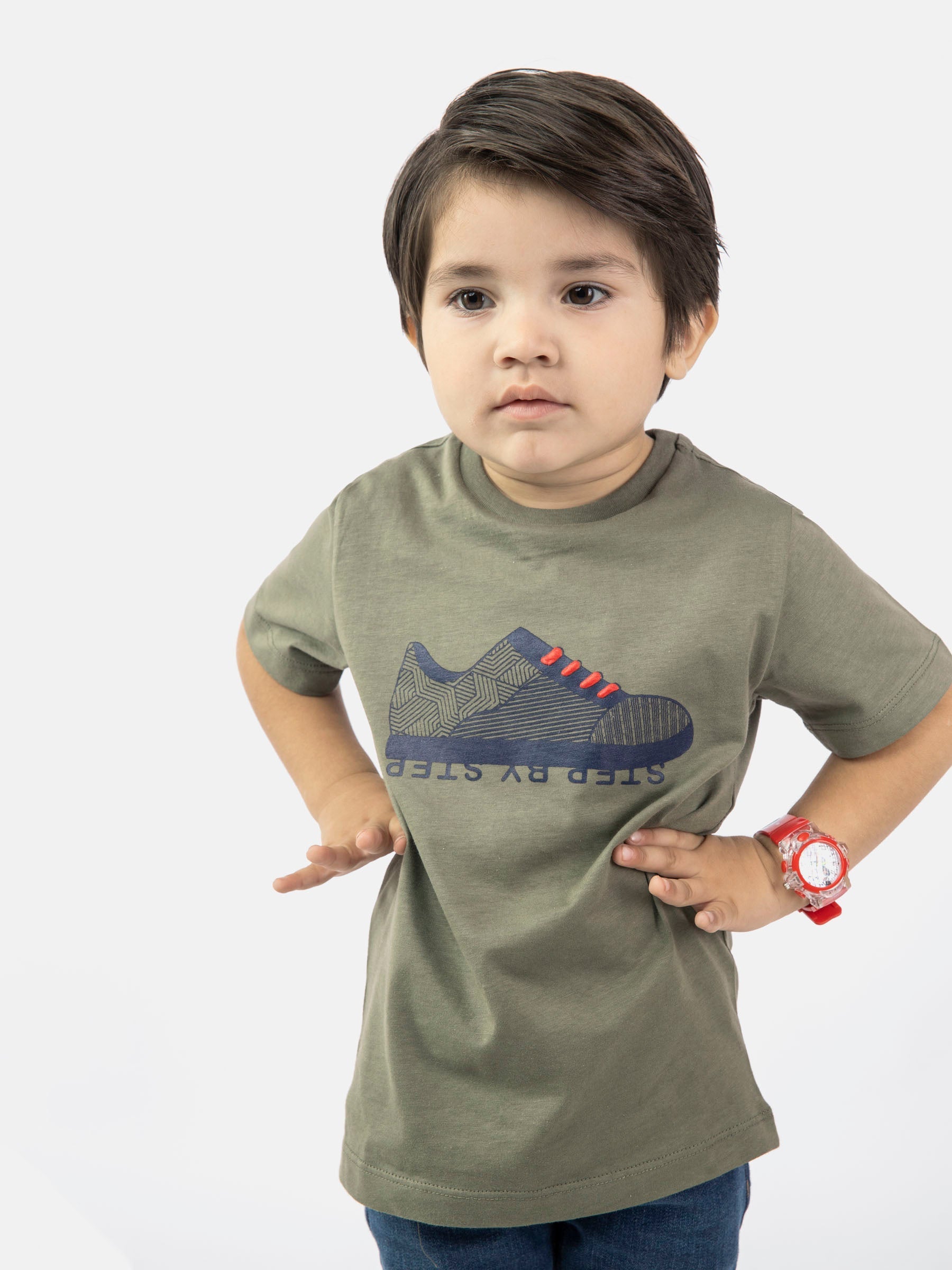 Olive Green Graphic 'Step' Printed Casual Tee  Brumano Pakistan