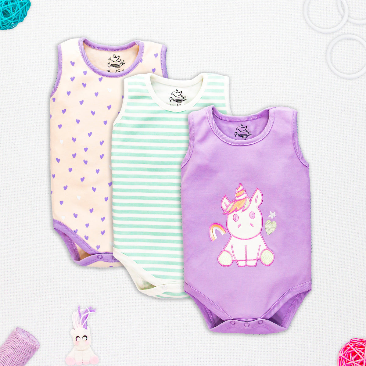 UNICORNS_SleeveLess BodySuit (Pink Heart) Pack of 3 | Suits & Sets | The nest clothing