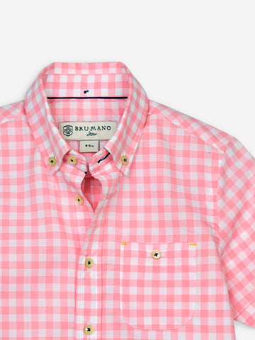 Peach Pink Gingham Short Sleeve Casual Shirt Brumano Pakistan