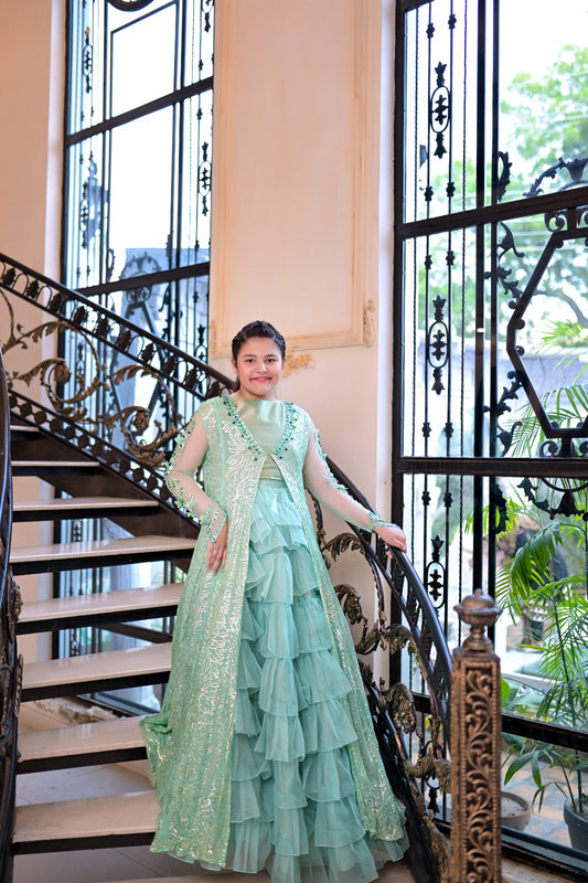 Emrel green gown lehnga eastern western cut