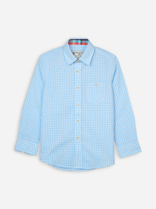 Sky Blue Gingham Long Sleeve Casual Shirt