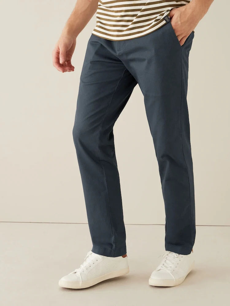 Navy Blue Straight Fit Printed Belted Soft Touch Chino Trousers