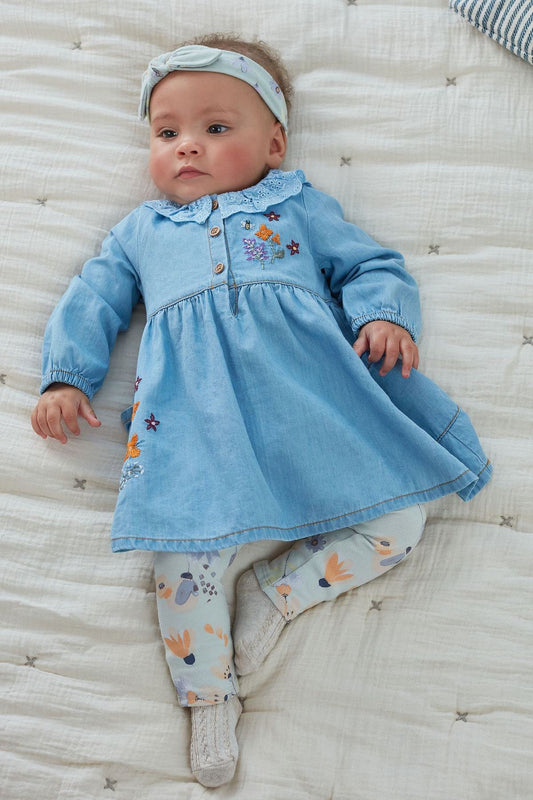 Blue Denim Embroidered Baby Dress With Floral Print Leggings And Headband