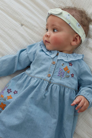 Blue Denim Embroidered Baby Dress With Floral Print Leggings And Headband