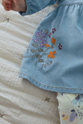 Blue Denim Embroidered Baby Dress With Floral Print Leggings And Headband NEXT UK