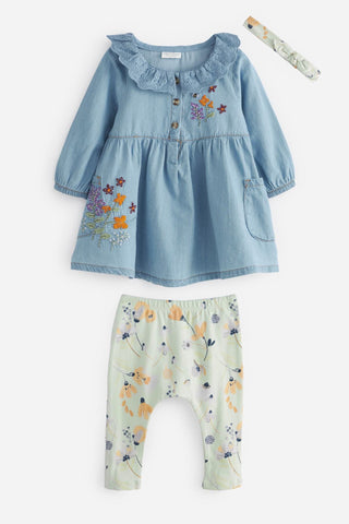 Blue Denim Embroidered Baby Dress With Floral Print Leggings And Headband
