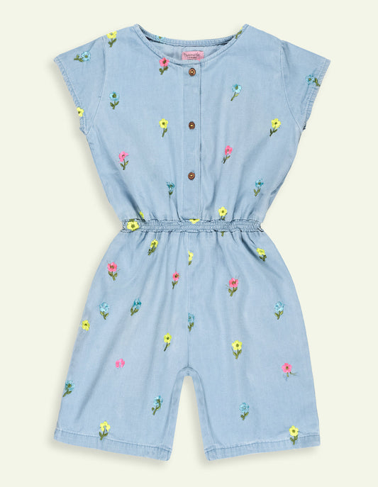 Girls Floral Embroidered Denim Playsuit
