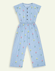 Girls Floral Embroidered Denim Jumpsuit