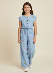 Girls Floral Embroidered Denim Jumpsuit