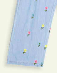 Girls Floral Embroidered Denim Jumpsuit