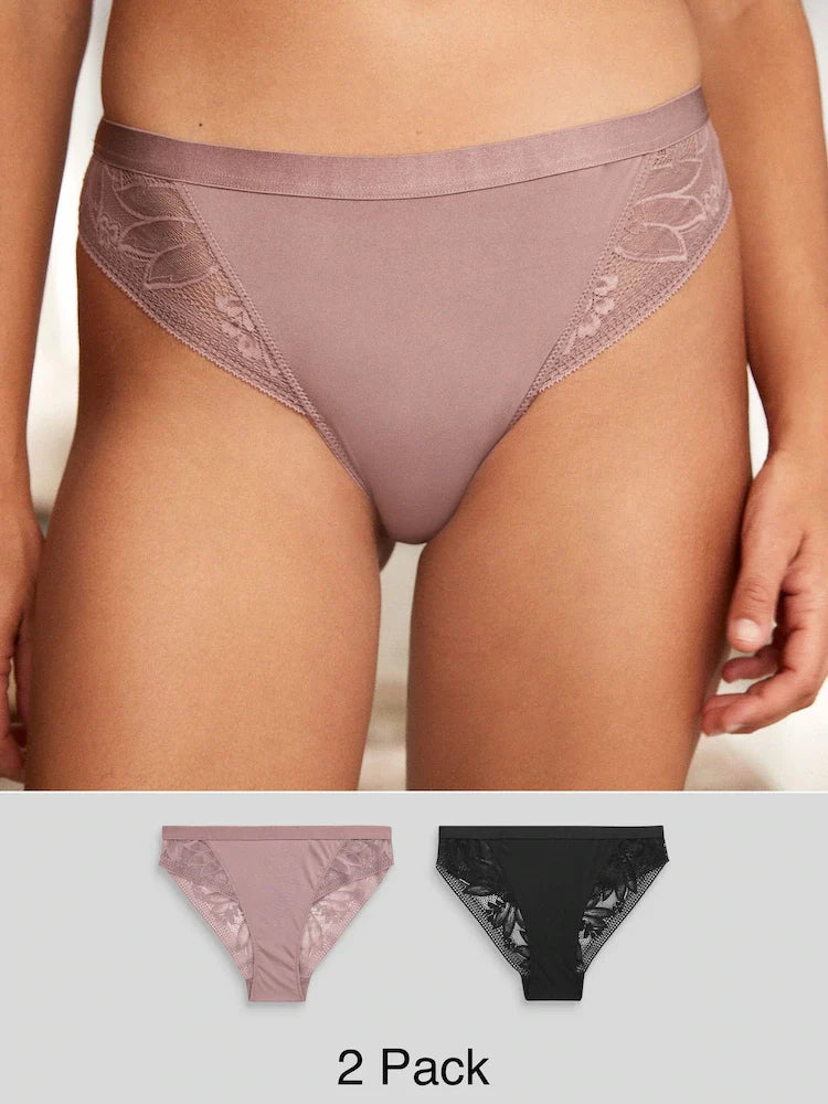 Black/Mauve Purple High Leg Microfibre and Lace Knickers 2 Pack