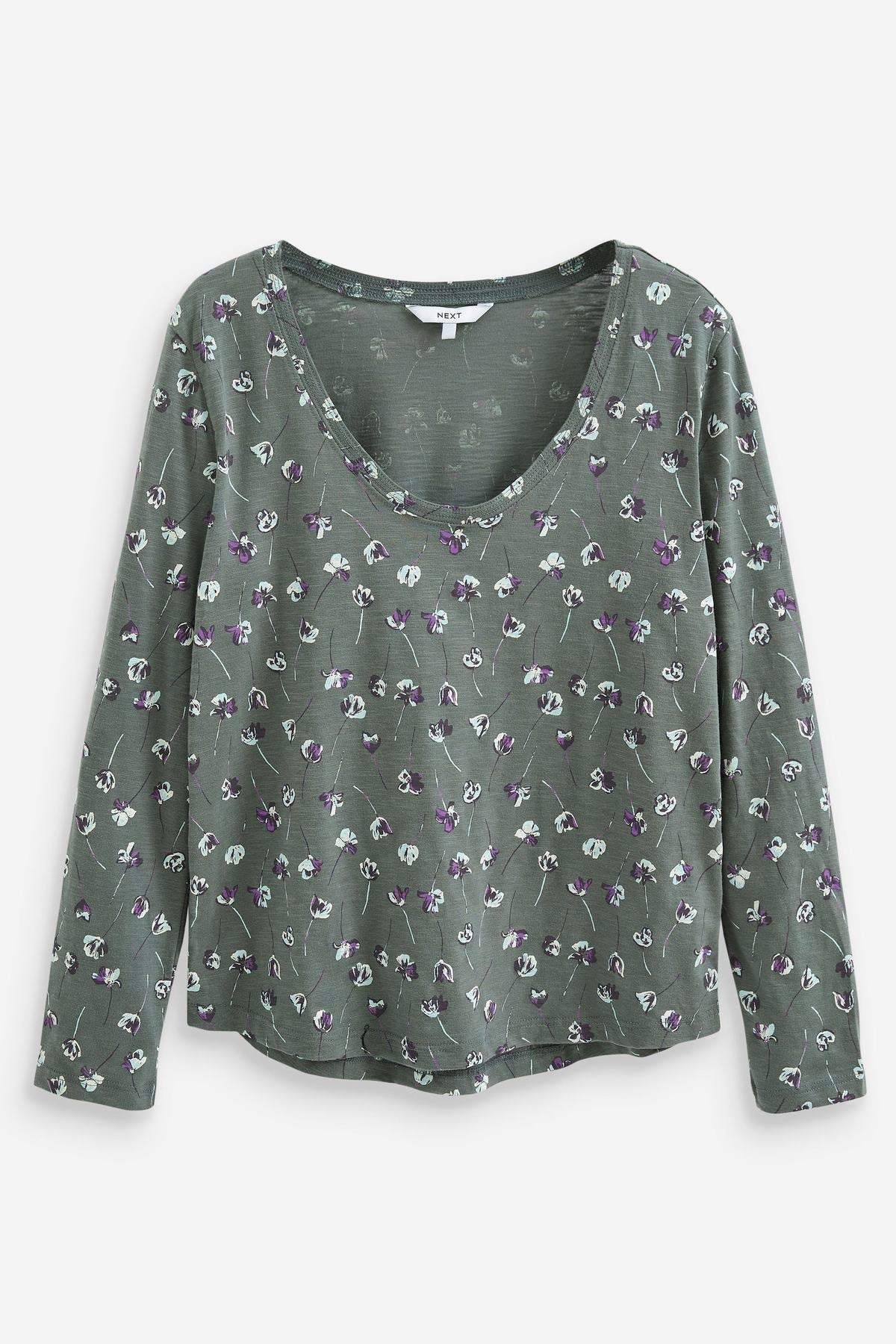 Green Floral Long Sleeve Scoop Neck T-Shirt