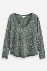 Green Floral Long Sleeve Scoop Neck T-Shirt