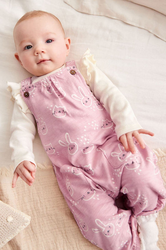 Jersey Printed Baby 2 Piece Dungarees And Bodysuit Set