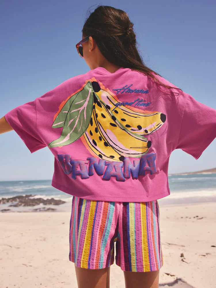 Pink/Stripe Fruit T-Shirt and Textured Shorts Set (3-16yrs)