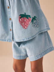Strawberry Embroidered Denim Blouse And Short Co-ord Set (3mths-8yrs)