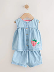 Strawberry Embroidered Denim Blouse And Short Co-ord Set (3mths-8yrs)