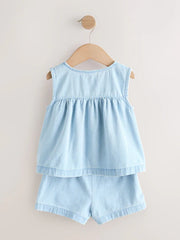 Strawberry Embroidered Denim Blouse And Short Co-ord Set (3mths-8yrs)