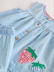 Strawberry Embroidered Denim Blouse And Short Co-ord Set (3mths-8yrs)