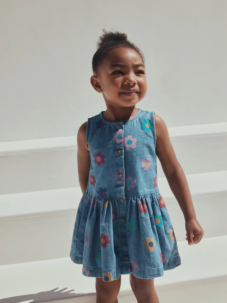 Flower Print Sleeveless Denim Dress (3mths-8yrs)