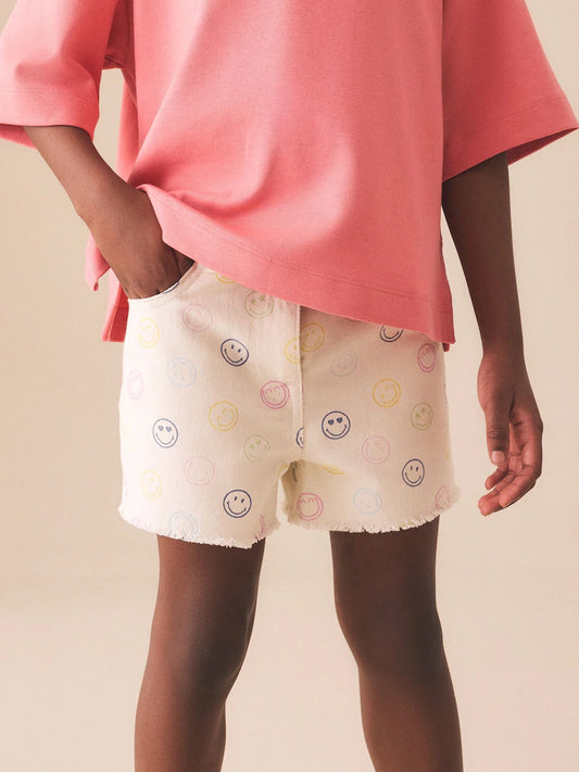 Ecru Multicolour Smiley World Regular Length Frayed Edge Denim Shorts (3-16yrs)