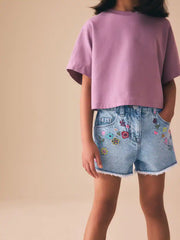 Mid Blue Embroidered Flowers Regular Length Frayed Edge Denim Shorts (3-16yrs)