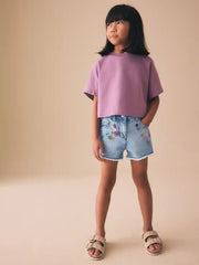 Mid Blue Embroidered Flowers Regular Length Frayed Edge Denim Shorts (3-16yrs)
