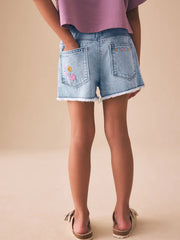 Mid Blue Embroidered Flowers Regular Length Frayed Edge Denim Shorts (3-16yrs)