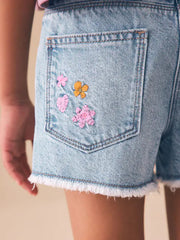 Mid Blue Embroidered Flowers Regular Length Frayed Edge Denim Shorts (3-16yrs)