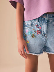 Mid Blue Embroidered Flowers Regular Length Frayed Edge Denim Shorts (3-16yrs)