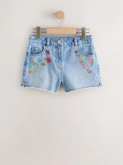 Mid Blue Embroidered Flowers Regular Length Frayed Edge Denim Shorts (3-16yrs)