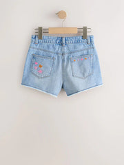 Mid Blue Embroidered Flowers Regular Length Frayed Edge Denim Shorts (3-16yrs)